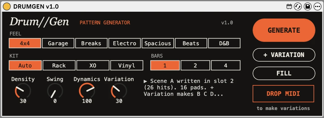 The DRUM//GEN device in Ableton Live